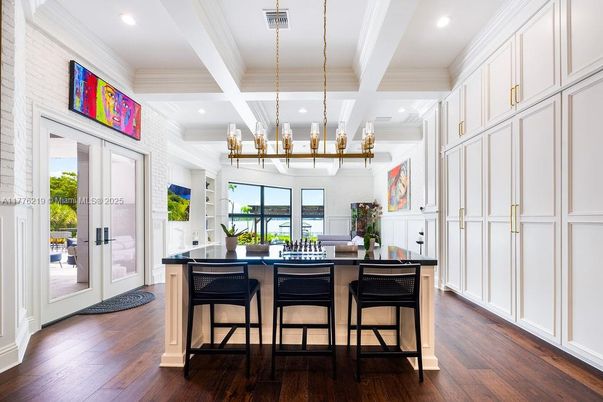 Chandelier, Interior, Kitchen, Recessed Lighting, Wood Texture Flooring