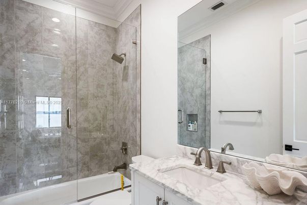 Bathroom, Glass Shower, Interior, Marble Walls, Recessed Lighting