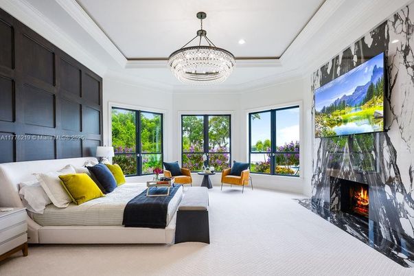 Bedroom, Chandelier, Fireplace, Interior, Living room, Pendant Lights, Recessed Lighting