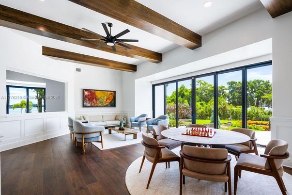 Dining room, Interior, Living room, Recessed Lighting, Wooden Beams, Wood Texture Flooring