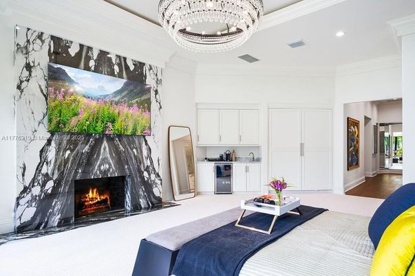 Fireplace, Interior, Kitchen, Living room, Marble Walls, Recessed Lighting, Wood Texture Flooring