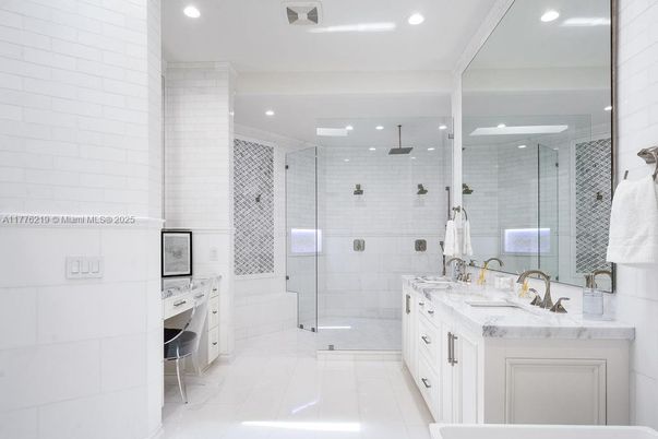 Bathroom, Dual Sink Vanities, Glass Shower, Interior, Recessed Lighting