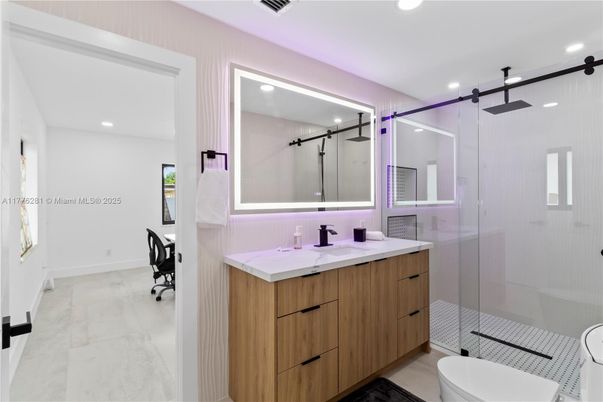 Bathroom, Glass Shower, Interior, Marble, Recessed Lighting