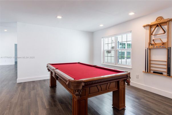 Billiard Table, Game Room, Interior, Recessed Lighting, Wood Texture Flooring