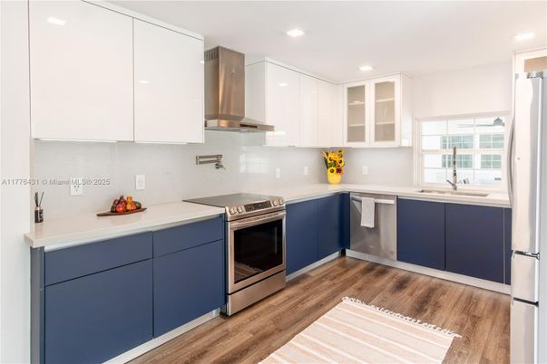 Interior, Kitchen, Recessed Lighting, Stainless Steel Appliances, Wood Texture Flooring