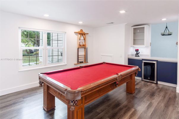 Billiard Table, Game Room, Interior, Recessed Lighting, Wood Texture Flooring