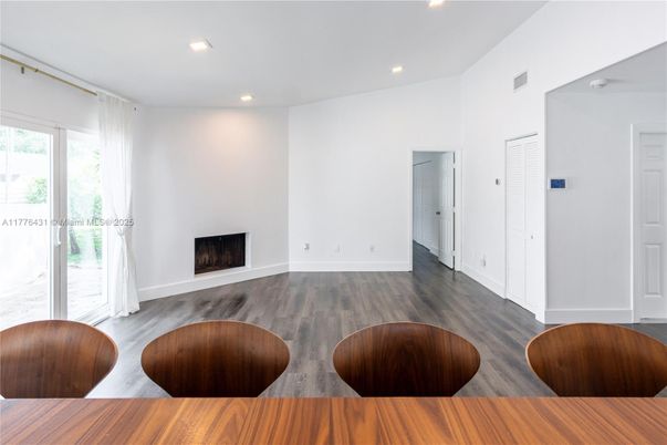 Empty room, Fireplace, Interior, Recessed Lighting, Wood Texture Flooring