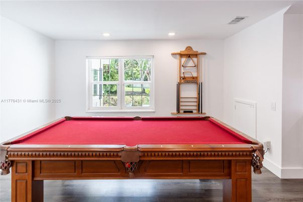 Billiard Table, Game Room, Interior, Recessed Lighting, Wood Texture Flooring