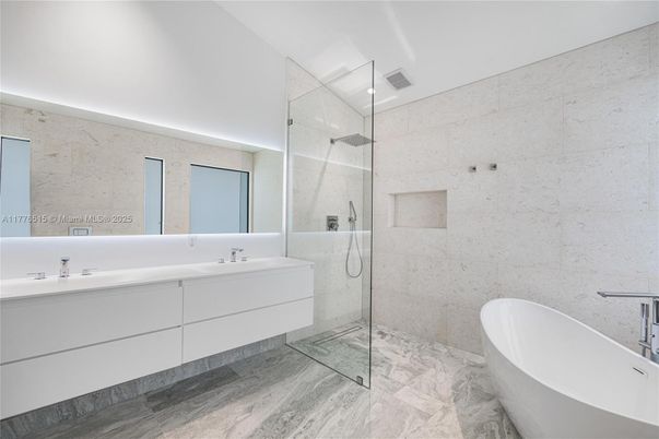 Bathroom, Dual Sink Vanities, Free Standing Baths, Glass Shower, Interior, Marble, Marble Walls, Recessed Lighting