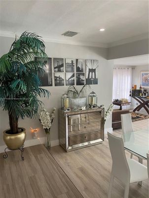 Dining room, Interior, Recessed Lighting, Wood Texture Flooring
