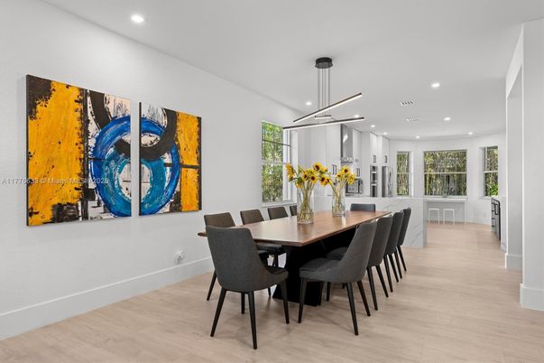Dining room, Interior, Pendant Lights, Recessed Lighting, Wood Texture Flooring