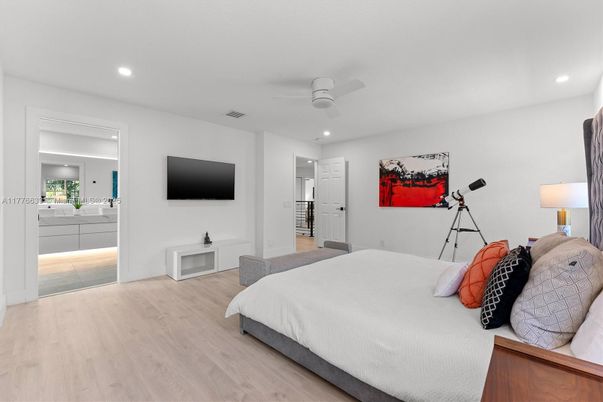 Bedroom, Interior, Recessed Lighting, Wood Texture Flooring