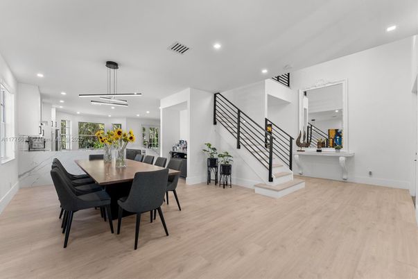 Dining room, Interior, Pendant Lights, Recessed Lighting, Wood Texture Flooring