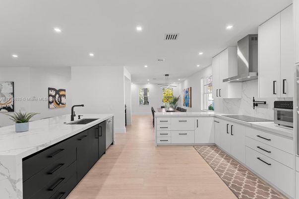 Interior, Kitchen, Pendant Lights, Recessed Lighting, Stainless Steel Appliances, Wood Texture Flooring