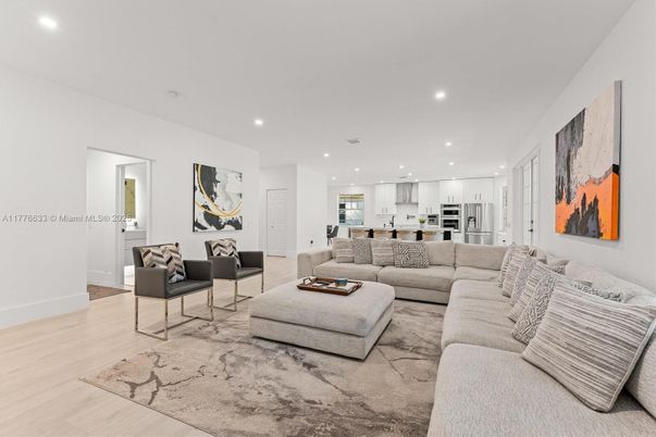 Interior, Kitchen, Living room, Recessed Lighting, Stainless Steel Appliances, Wood Texture Flooring