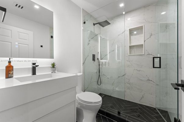 Bathroom, Glass Shower, Interior, Marble, Marble Walls, Recessed Lighting