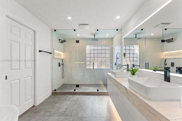 Bathroom, Dual Sink Vanities, Glass Shower, Interior, Recessed Lighting