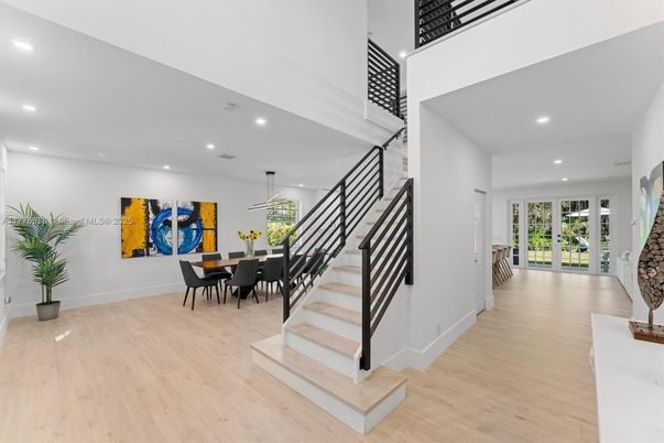 Dining room, Interior, Pendant Lights, Recessed Lighting, Wood Texture Flooring