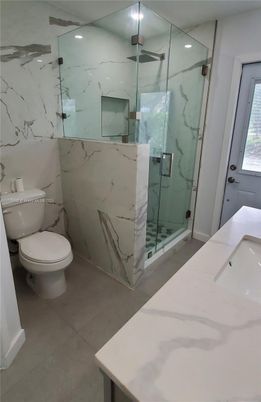 Bathroom, Glass Shower, Interior, Marble Walls, Recessed Lighting