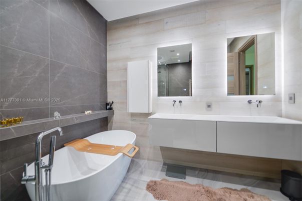 Bathroom, Dual Sink Vanities, Free Standing Baths, Interior, Recessed Lighting, Wooden Walls