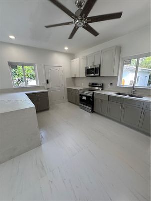 Interior, Kitchen, Marble, Recessed Lighting, Stainless Steel Appliances