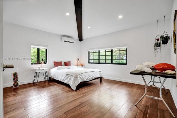 Bedroom, Interior, Recessed Lighting, Wooden Beams, Wood Texture Flooring