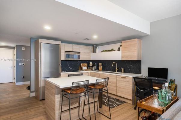 Interior, Kitchen, Marble Walls, Recessed Lighting, Wood Texture Flooring