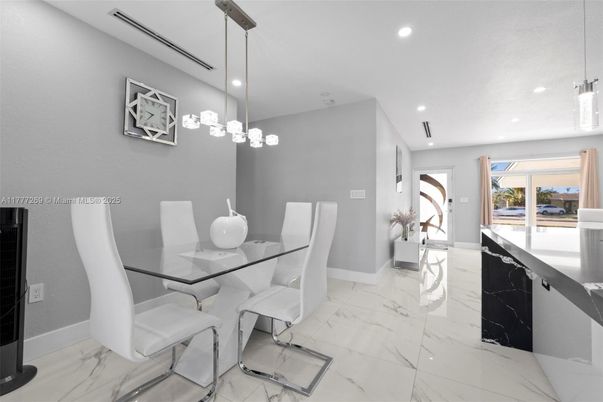 Dining room, Interior, Marble, Pendant Lights, Recessed Lighting
