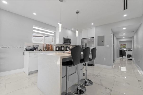 Interior, Kitchen, Marble, Pendant Lights, Recessed Lighting, Stainless Steel Appliances
