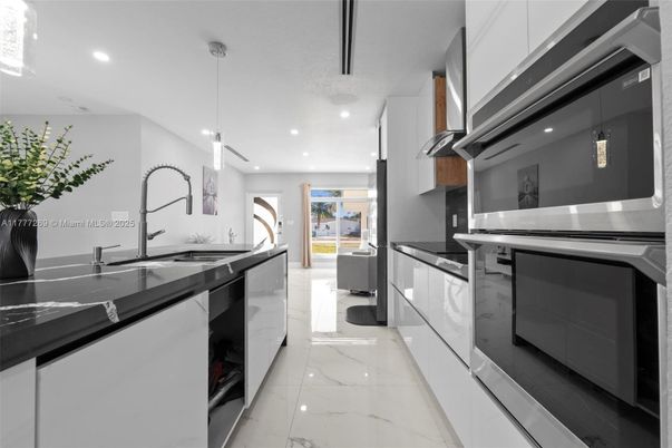 Interior, Kitchen, Marble, Pendant Lights, Recessed Lighting, Stainless Steel Appliances