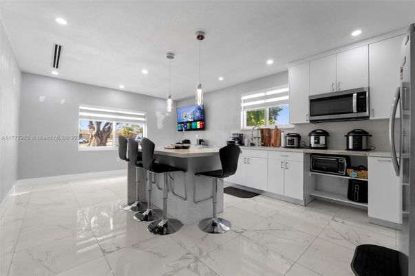 Interior, Kitchen, Marble, Pendant Lights, Recessed Lighting, Stainless Steel Appliances