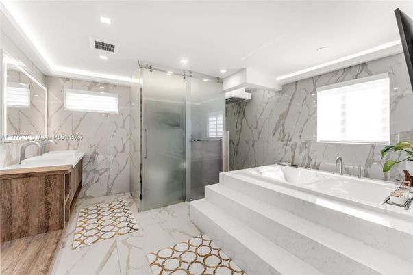 Bathroom, Glass Shower, Interior, Marble, Marble Walls, Recessed Lighting