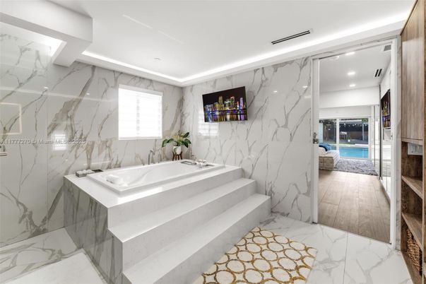 Bathroom, Interior, Marble, Marble Walls, Recessed Lighting, Wood Texture Flooring