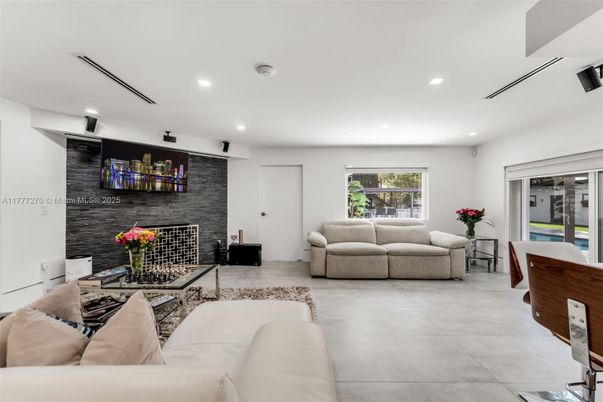 Fireplace, Interior, Living room, Recessed Lighting, Stone Walls