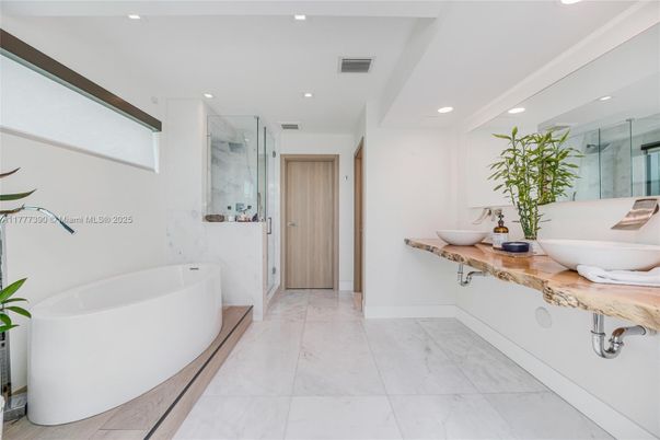 Bathroom, Free Standing Baths, Glass Shower, Interior, Marble, Marble Walls, Recessed Lighting