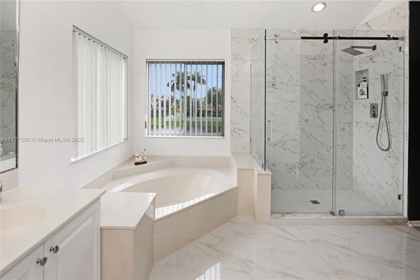 Bathroom, Glass Shower, Interior, Marble, Marble Walls, Recessed Lighting