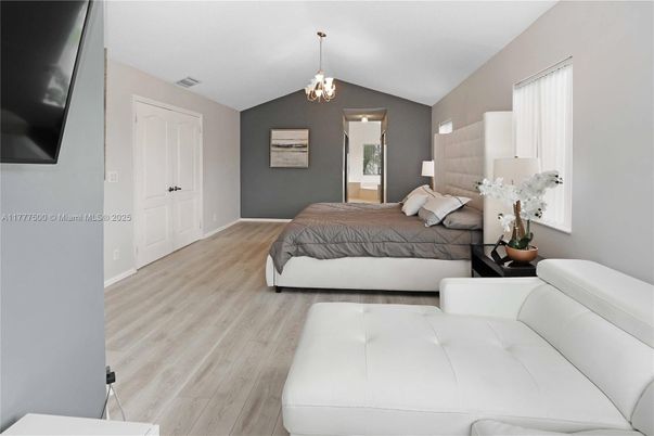 Bedroom, Chandelier, Interior, Wood Texture Flooring