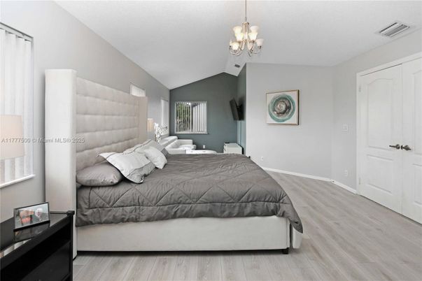 Bedroom, Chandelier, Interior, Wood Texture Flooring