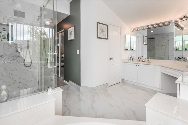 Bathroom, Dual Sink Vanities, Glass Shower, Interior, Marble, Marble Walls