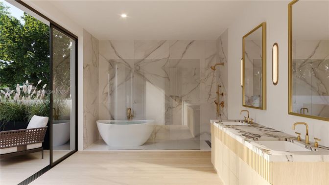 Bathroom, Dual Sink Vanities, Free Standing Baths, Glass Shower, Interior, Marble Walls, Recessed Lighting, Wood Texture Flooring