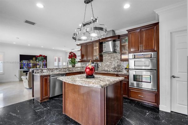 Interior, Kitchen, Marble, Pendant Lights, Recessed Lighting, Stainless Steel Appliances