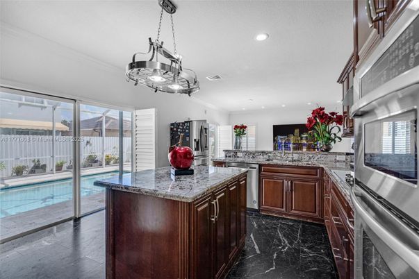 Chandelier, Interior, Kitchen, Marble, Recessed Lighting, Stainless Steel Appliances