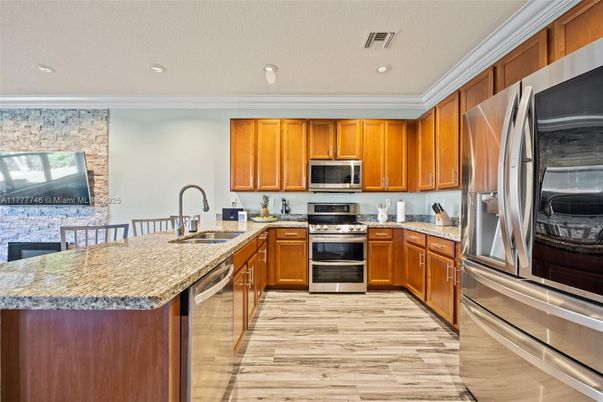 Interior, Kitchen, Recessed Lighting, Stainless Steel Appliances, Wood Texture Flooring
