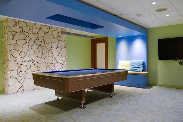 Billiard Table, Game Room, Interior, Recessed Lighting, Stone Walls