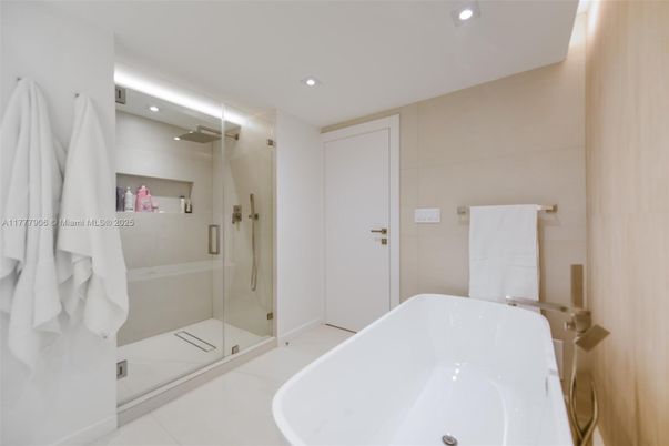 Bathroom, Free Standing Baths, Glass Shower, Interior, Recessed Lighting