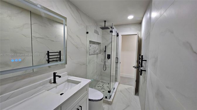 Bathroom, Glass Shower, Interior, Marble, Marble Walls, Recessed Lighting