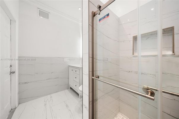 Bathroom, Glass Shower, Interior, Marble, Marble Walls, Recessed Lighting