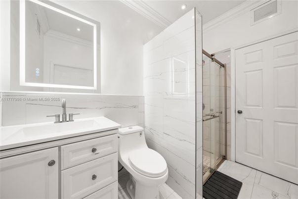 Bathroom, Glass Shower, Interior, Marble, Marble Walls, Recessed Lighting