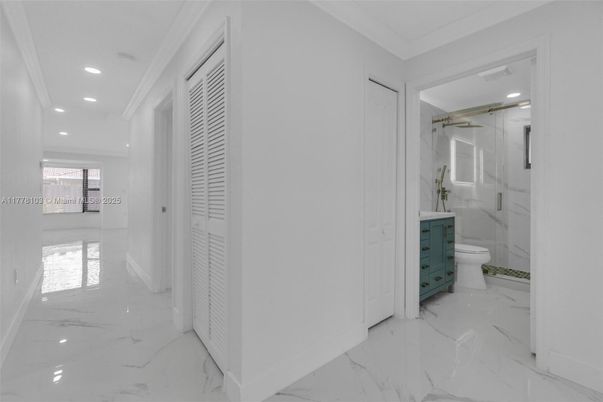 Bathroom, Glass Shower, Interior, Marble, Marble Walls, Recessed Lighting