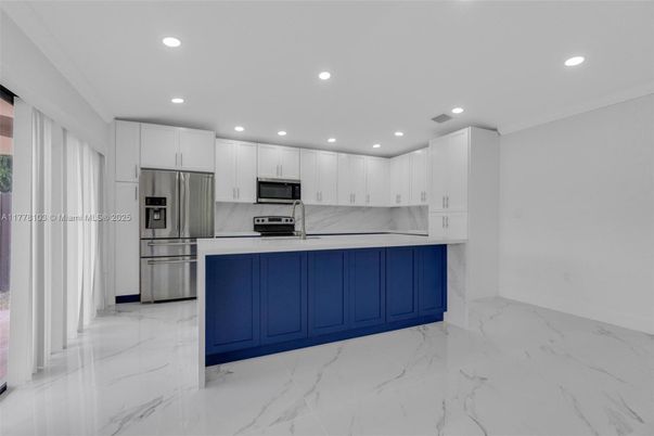 Interior, Kitchen, Marble, Recessed Lighting, Stainless Steel Appliances